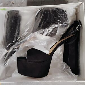 Black Platform Peep-Toe Heels with Thick Block Heel